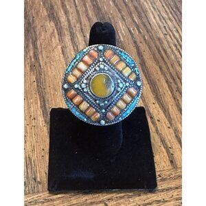 Vintage Southwestern Silver Tone Turquoise Spiny Oyster Mosaic Size 8 Statement